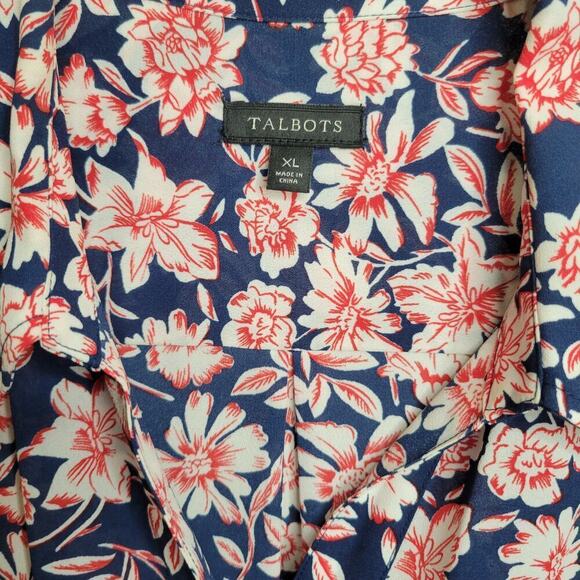 Talbots shirt womens size XL navy blue red floral button up top roll tab sleeves - Picture 3 of 12